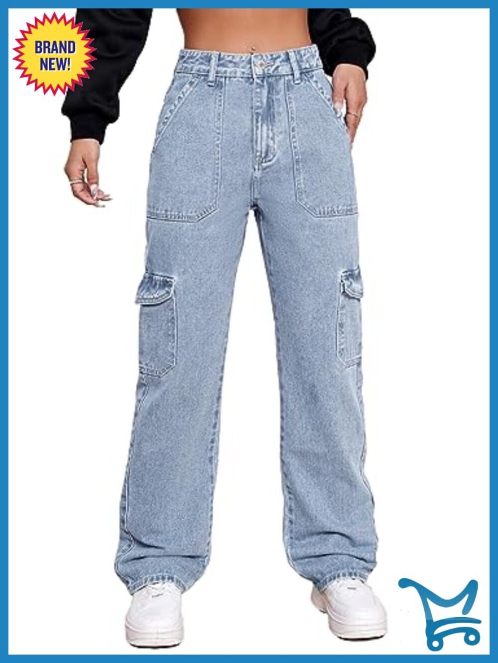 High Waisted Cargo Jeans Stretch Wide Leg Denim Pants Trendy
